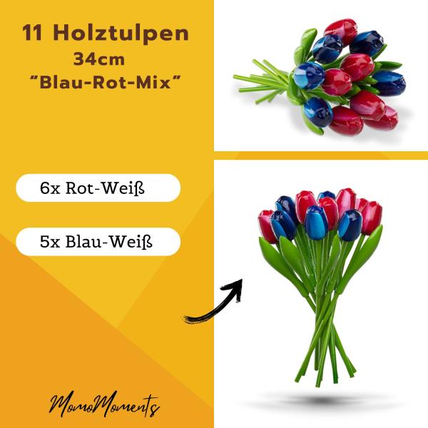Wooden tulip bouquet, 11 wooden tulips, blue/red mix, 34cm high, bouquet, wooden flowers, Made in Holland